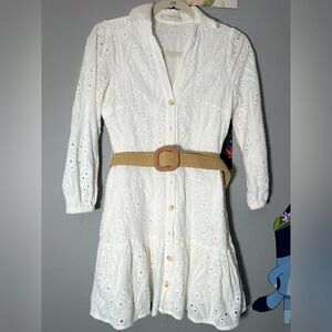 MNG Mango BELT SHIRT DRESS white eyelet botton up with ruffle in size 0/XS